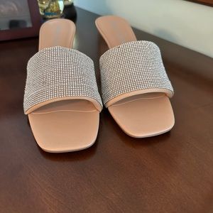 Anne Klein rhinestone mule tan colored kitten heel shoes